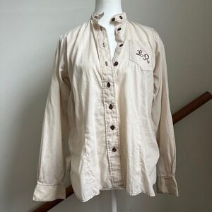 Vintage 70s Button Down Shirt Cream Mandarin Collar Western Contrast Stitch Boho